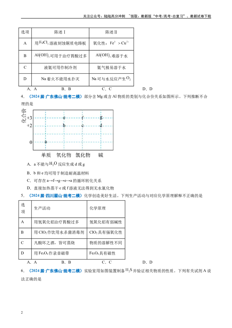 《专题02元素化合物有机化合物（原卷版）_05-化学-高考总复习_专项复习_2025年_2024年高考二模试题分类汇编化学全国通用》第2页预览