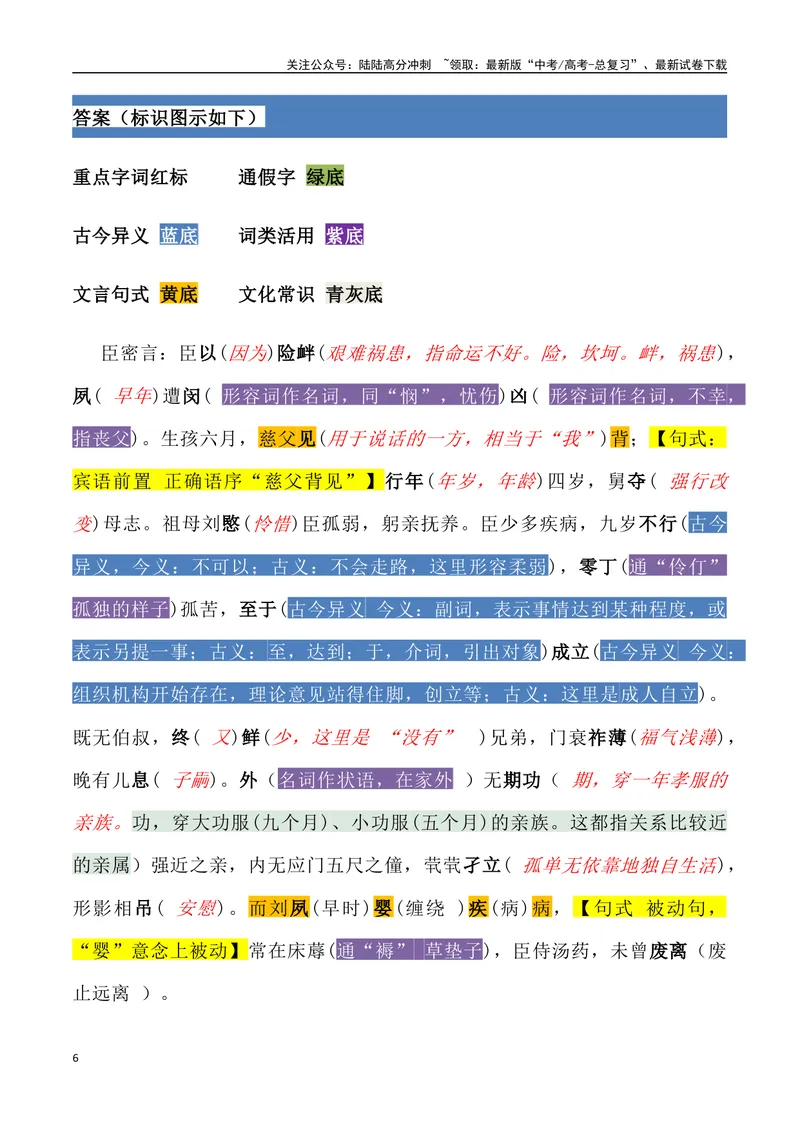 《《陈情表》三境一测大通关（错别字+挖空训练+情景式默写+素材运用+达标测）（教师版）_专项复习_2024年_2024年高考语文古诗文三境一测通关导学练（全国通用）_资料_1-资料》第6页预览