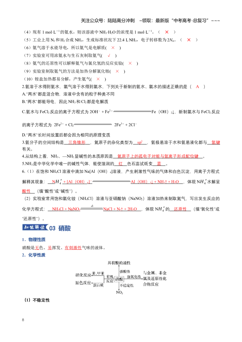 《专题03氮及其化合物（知识清单）（全国通用）（教师版）_05-化学-高考总复习_一轮复习_2026年-化学高考一轮复习_2026年高考化学一轮复习讲义+练习+课件（新教材新高考）-G55_2026版》第8页预览