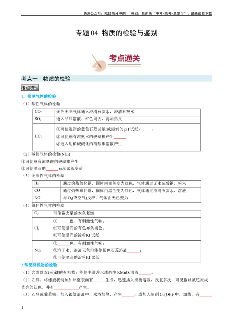 《专题04物质的检验与鉴别-（学生版）_05-化学-高考总复习_专项复习_2024年_2024年高考化学实验专项突破_资料_高考化学实验常考知识点全突破》第1页预览
