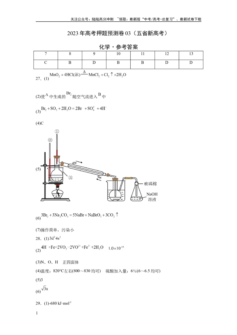 《2023年高考押题预测卷03（云南，安徽，黑龙江，山西，吉林五省通用）-化学（参考答案）_05-化学-高考总复习_专项复习_2024年_2023年高考押题预测卷01化学》第1页预览