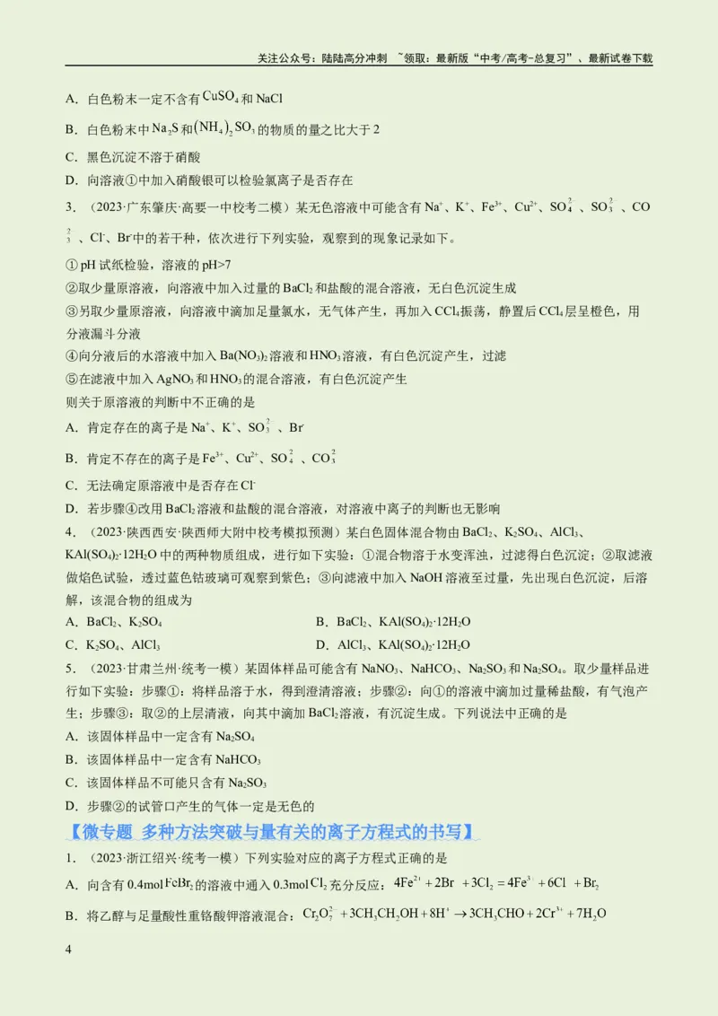《专题03离子反应（分层练）（原卷版）_05-化学-高考总复习_二轮复习_2024年_2024年高考化学二轮复习高频考点追踪与预测（新高考专用）_分层练》第4页预览