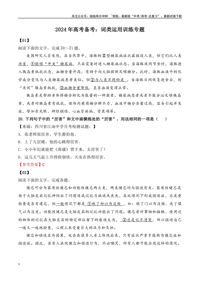 《2024年高考备考：词类运用训练专题（全国通用）教师版_一轮复习_2024年_2024高考语文一轮复习各版块分点精讲课件全国通用_资料》第1页预览