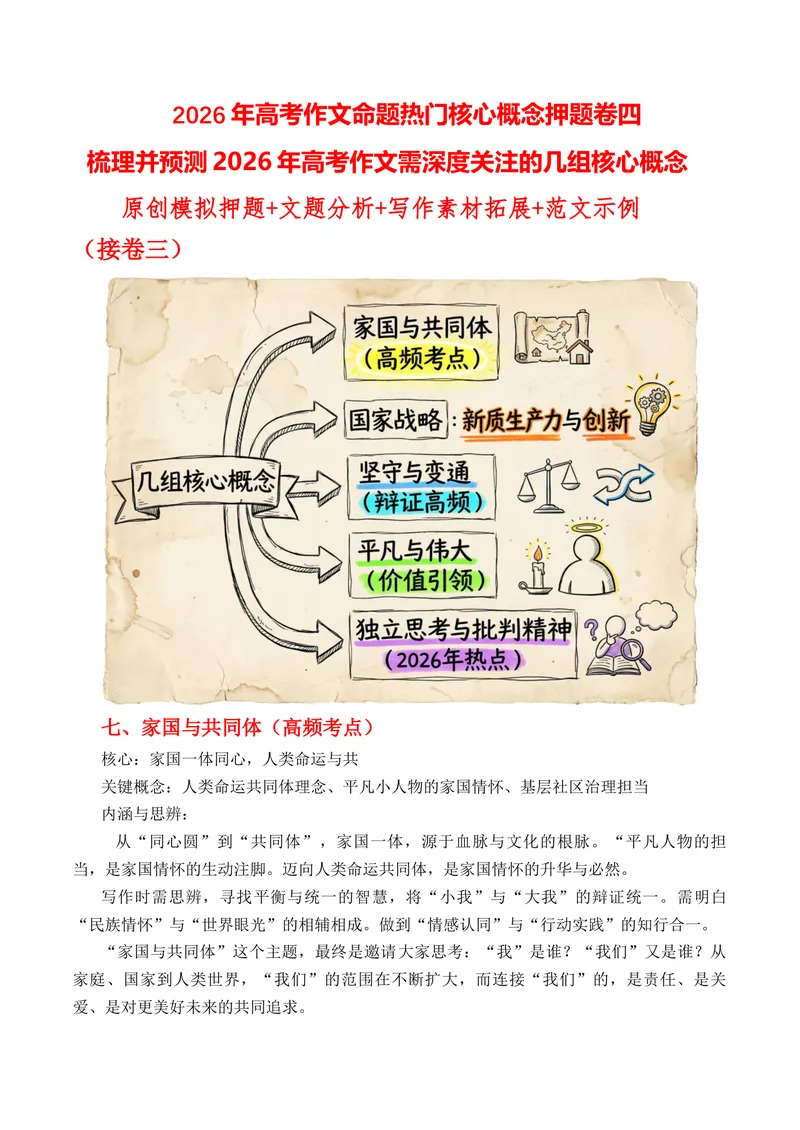 《2026年高考作文命题热门核心概念押题卷四梳理并预测2026年高考作文需深度关注的几组核心概念原创模拟押题+文题分析+写作素材拓展+范文示例_专项复习_2026年-语文专项复习》第1页预览