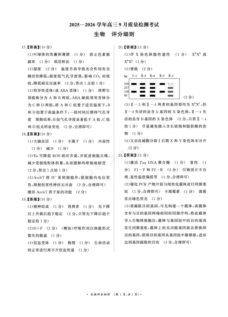 《2025—2026学年高三9月高三质量检测生物试题答案解析评分细则2025—2026学年高三9月高三质量检测生物评分细则_小初高学习资料合集（每天更新）》第1页预览