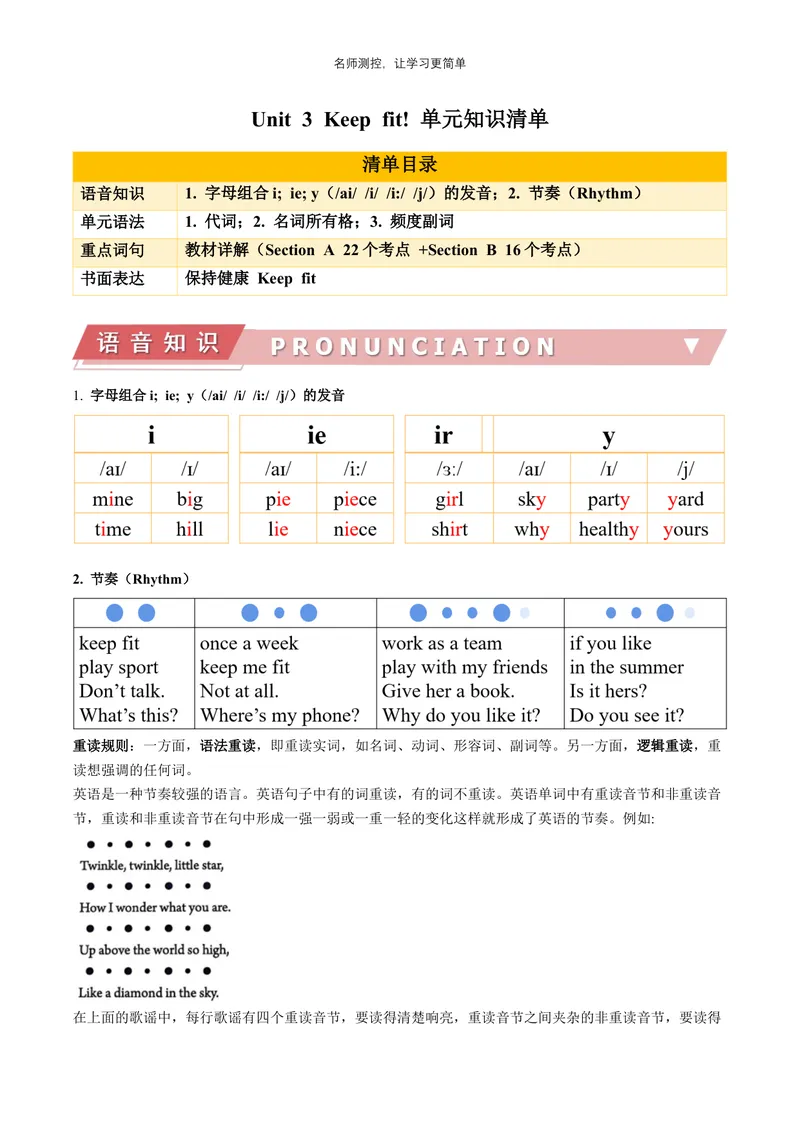 《Unit3单元知识清单（语音知识+单元语法+重点词句+书面表达）-七年级英语_初中全科《知识梳理》打包下载_2025春《名师总结知识点》下册_英语_七年级》第1页预览