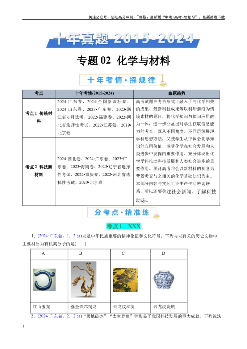 《专题02化学与材料(原卷版)_05-化学-高考总复习_专项复习_2025年_十年（2015-2024）高考化学真题分类汇编（全国通用）》第1页预览