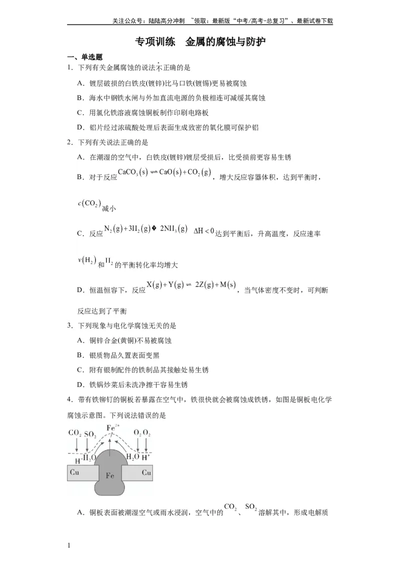 《专项训练金属的腐蚀与防护（原卷版）_05-化学-高考总复习_一轮复习_2024年_2024年高三化学一轮复习高考专项训练知识梳理练习_资料》第1页预览