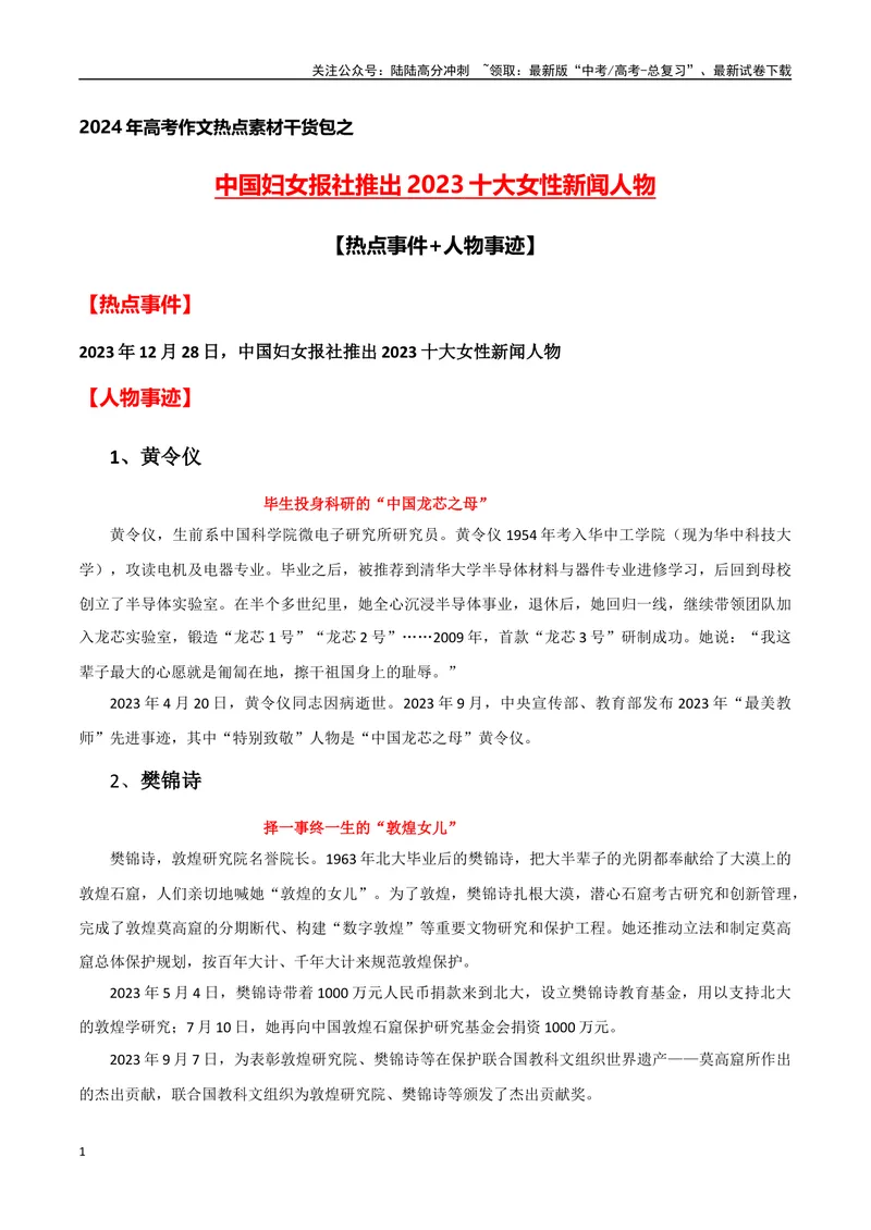 《2023十大女性新闻人物(热点事件+新闻背景+媒体观点+精选时评)-备战2024年高考语文写作热点素材干货包（全国通用）_专项复习_2024年_2024高考语文写作热点素材干货包高频考点重难突破》第1页预览