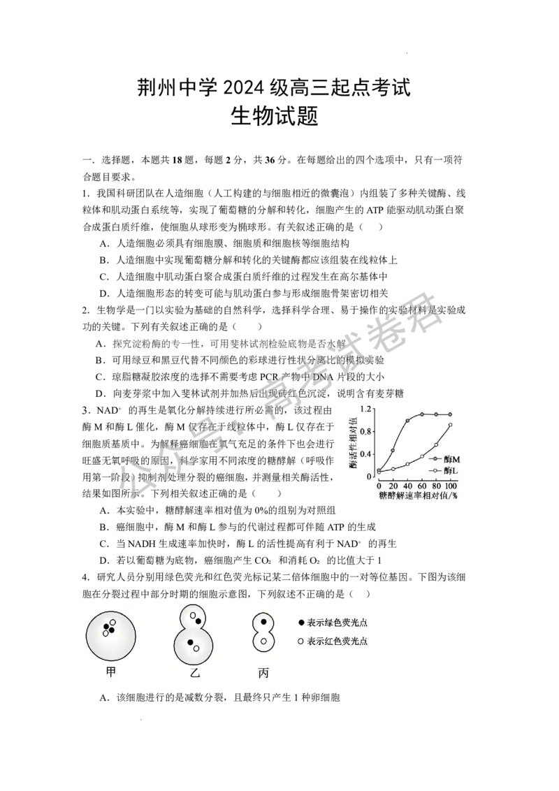 《06_生物_湖北荆州中学2026-2027年高三上学期起点考试_试卷+答案_小初高学习资料合集（每天更新）_湖北荆州中学2026-2027年高三上学期起点考试》第1页预览