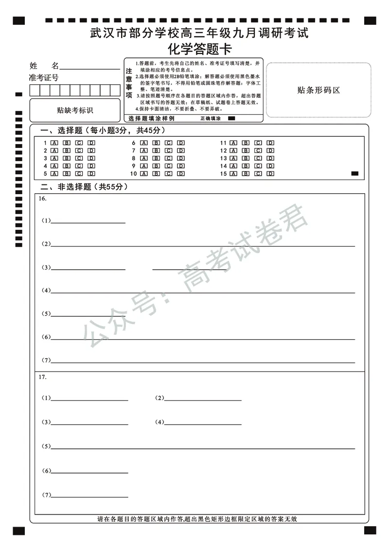 《10_化学_2025-2026学年度湖北武汉市部分学校高三上学期9月调研考试_答题卡_小初高学习资料合集（每天更新）_湖北武汉市部分学校2025-2026学年高三上学期9月调研考试》第1页预览