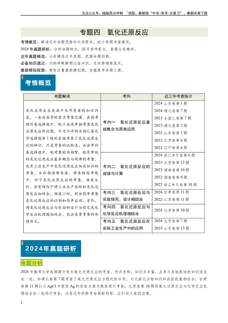 《专题04氧化还原反应（原卷版）_05-化学-高考总复习_专项复习_2024年_2024年高考化学真题题源解密（新高考通用）》第1页预览