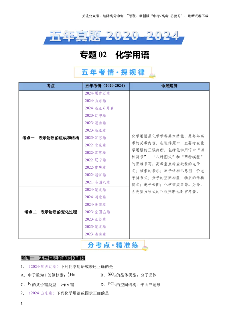 《专题02化学用语（全国通用）（原卷版）_05-化学-高考总复习_专项复习_2024年_2024年高考化学真题分类汇编（全国通用）》第1页预览