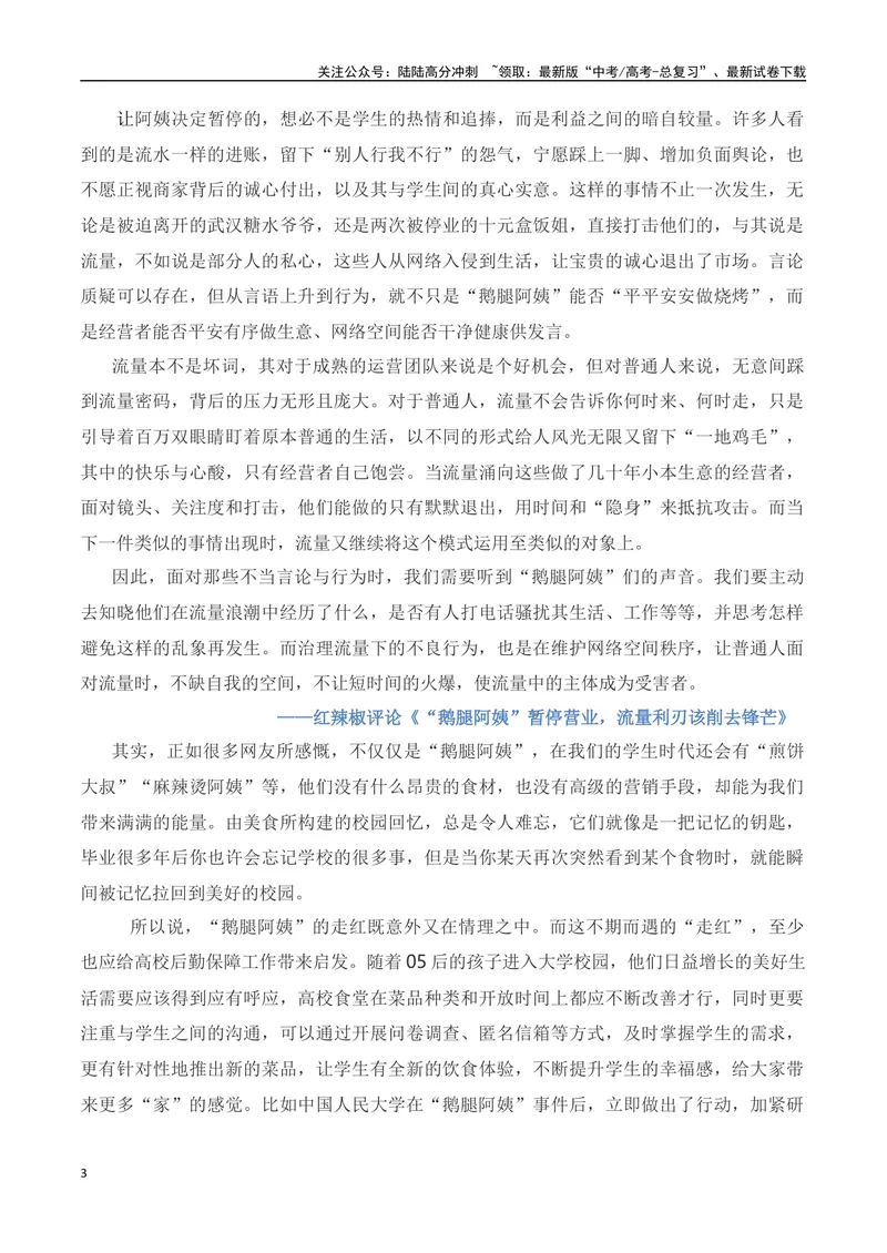 《“鹅腿阿姨”爆红的素材解读与运用-2024年高考语文作文热点素材积累运用与写作技巧实战分析（全国通用）_专项复习_2024年_2024高考语文作文热点素材积累运用与写作技巧训练_资料》第3页预览