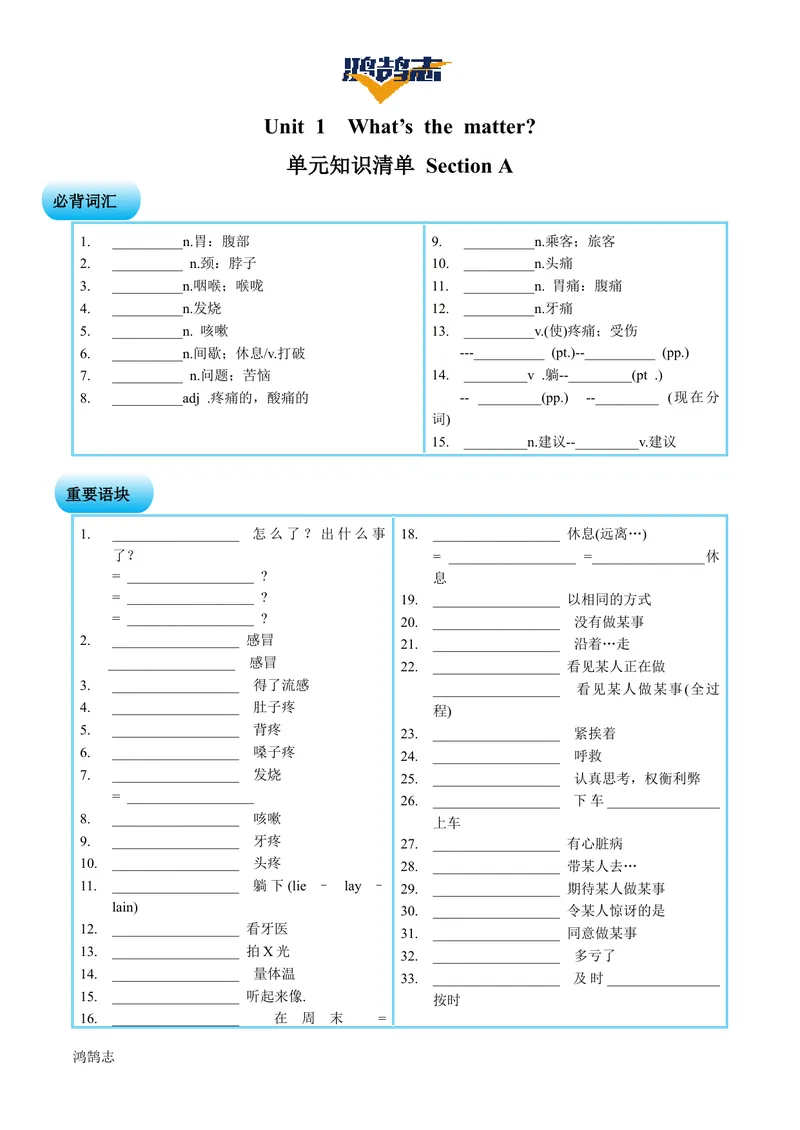 《Unit1SectionA（单元知识清单）学生版_初中全科《知识梳理》打包下载_2025春《名师总结知识点》下册_英语_八年级》第1页预览
