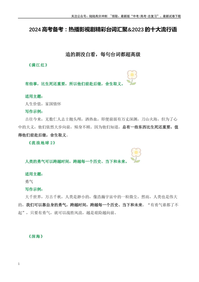 《2023年热播影视剧精彩台词汇聚&2023的十大流行语-_专项复习_2024年_2024年高考语文作文月月热点素材积累运用写作练全国通用_资料》第1页预览