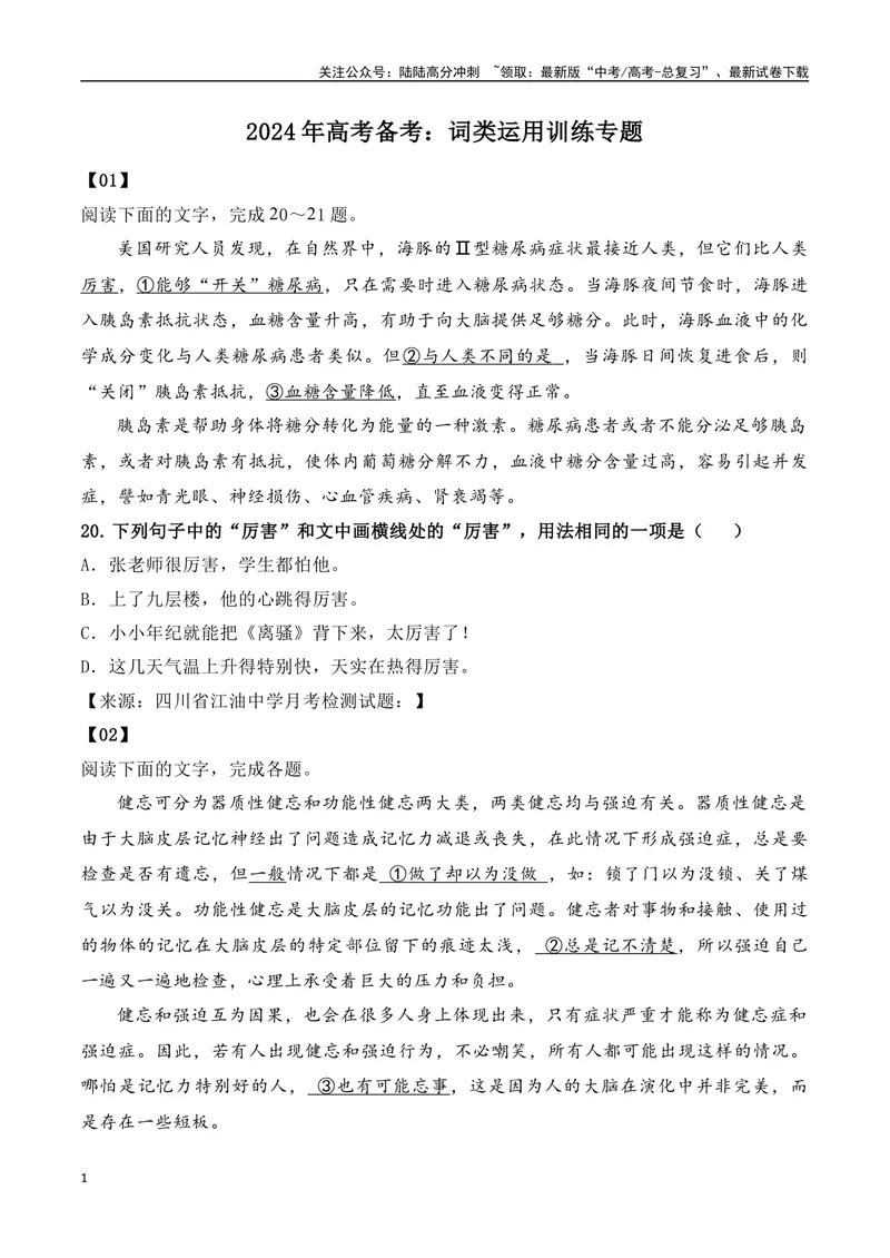 《2024年高考备考：词类运用训练专题（全国通用）学生版_一轮复习_2024年_2024高考语文一轮复习各版块分点精讲课件全国通用_资料》第1页预览