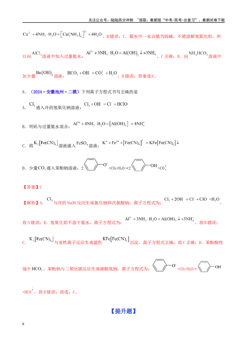 《专练03离子方程式正误判断（15题）-（解析版）_05-化学-高考总复习_专项复习_2024年_2024高考化学考点必杀300题（全国新高考卷）_资料》第6页预览