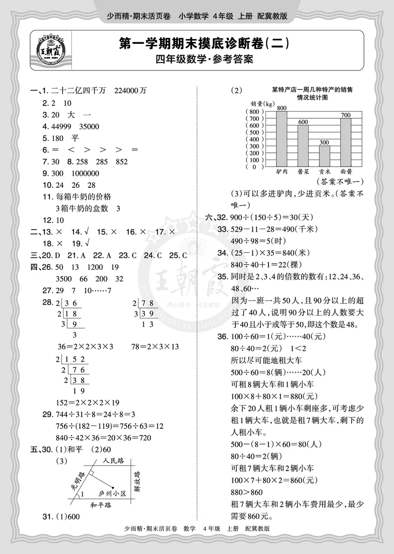 《2025秋四年级数学冀教版第一学期期末摸底诊断卷（二）答案_小初高学习资料合集（每天更新）_1-6年级上册王朝霞期末摸底诊断卷》第1页预览