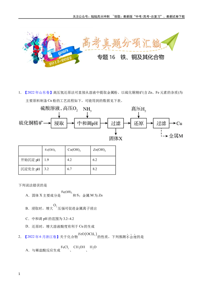 《专题16铁、铜及其化合物（学生版）_05-化学-高考总复习_专项复习_2025年_十年（2013-2022）高考化学真题分项汇编（全国通用）_专题16铁、铜及其化合物（全国通用）》第1页预览