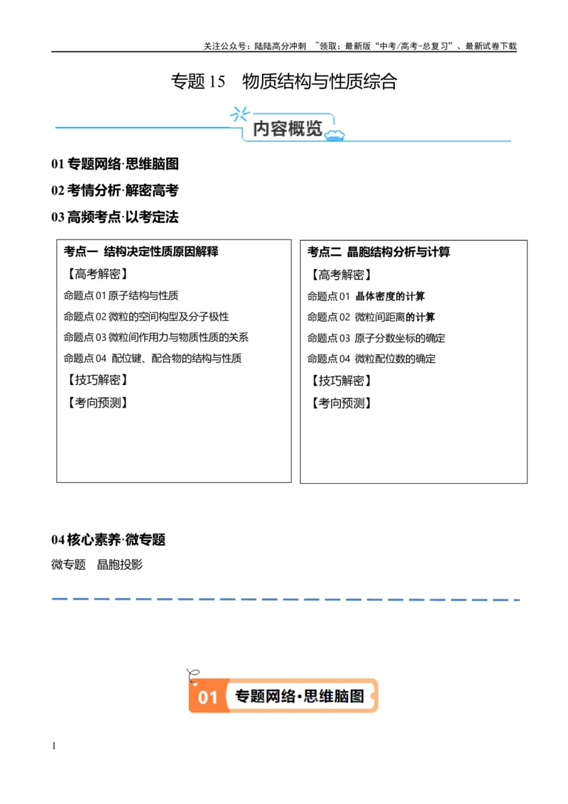 《专题15物质结构与性质综合（讲义）（原卷版）_05-化学-高考总复习_二轮复习_2024年_2024年高考化学二轮复习高频考点追踪与预测（新高考专用）_讲义》第1页预览