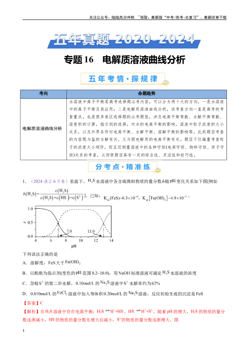 《专题16电解质溶液曲线分析（全国通用）（解析版）_05-化学-高考总复习_专项复习_2024年_2024年高考化学真题分类汇编（全国通用）》第1页预览