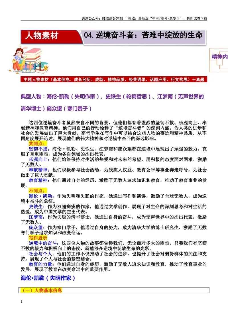 《专题04逆境奋斗者：苦难中绽放的生命素材（基本信息、成长经历、成就、精神品质、经典语录、话题应用、行文构思）＋真题）_专项复习_2025年》第1页预览