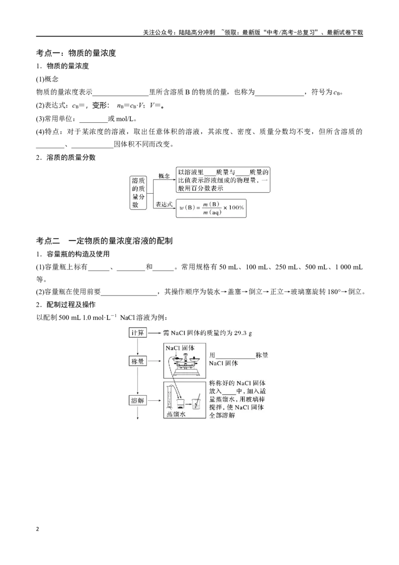 《专题七一定物质的量浓度的溶液及配制-（原卷版）_05-化学-高考总复习_一轮复习_2024年_2023-2024学年解密高考化学大一轮复习精讲精练（配套新教材2019）_资料》第2页预览