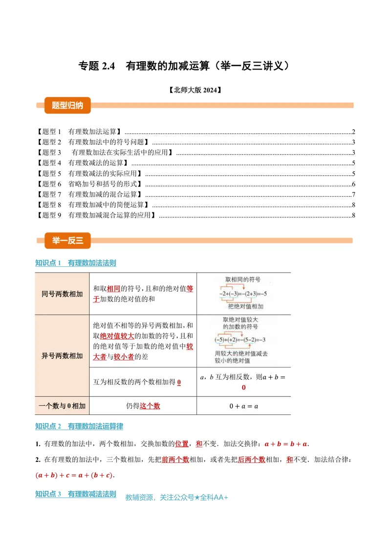 《专题2.4有理数的加减运算(讲义)(原卷版)_2026语数英7-9年级上《举一反三系列》多版本_2026《初中数学•举一反三系列》7上多版本_2026《初中数学•举一反三系列》7上(北师大)》第1页预览