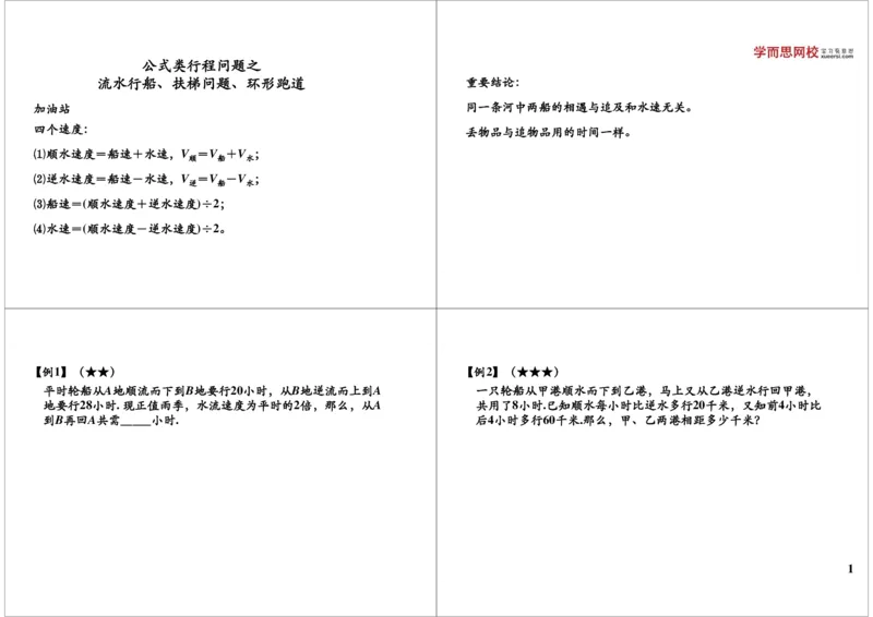 《公式类行程问题之流水行船、扶梯问题、环形跑道_小学1-6年级全科全套_2024更新专题_小学奥数专题资料_7、精品课程合集_学而思小学1-6年级奥数竞赛班视频课程285讲》第1页预览