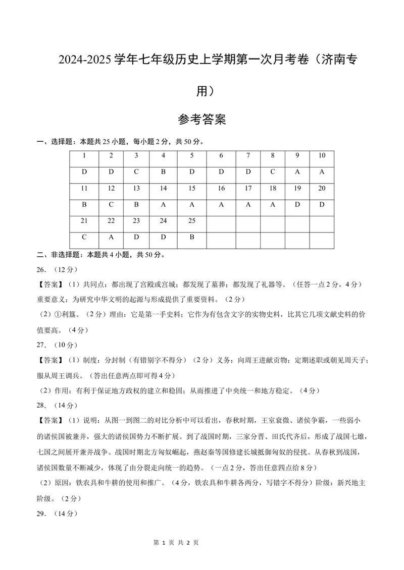 《七年级历史第一次月考卷（参考答案）（济南专用）_初中全科目《第一次月考试卷》7-9年级上册_2026版初中《第一次月考》7年级上册（八科全套）（人教、北师等多版本）_7年级历史上》第1页预览
