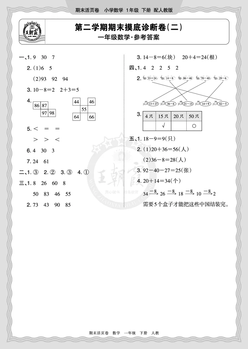 《2026年（下册）1年级数学人教版期末摸底诊断卷（二）答案_小初高学习资料合集（每天更新）_2026春数学《王朝霞期末摸底诊断卷》1-6年级下册人教版》第1页预览