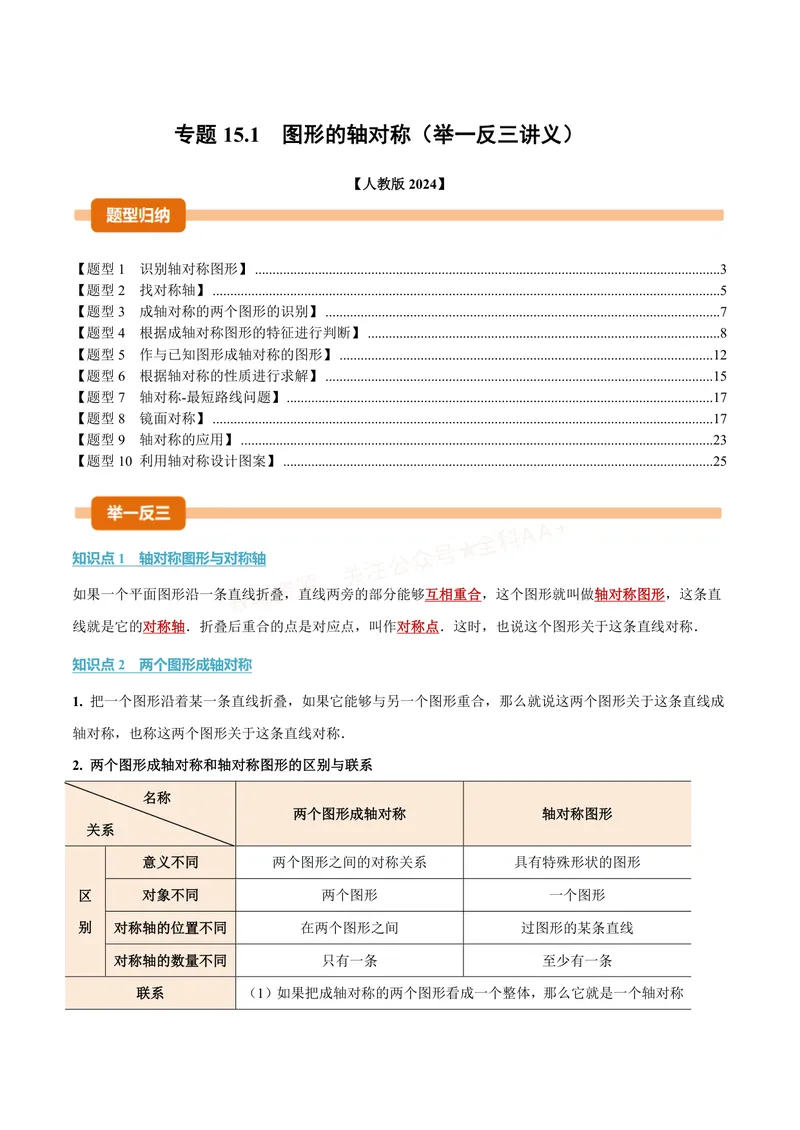 《专题15.1图形的轴对称(讲义)(解析版)_2026语数英7-9年级上《举一反三系列》多版本_2026《初中数学•举一反三系列》8上多版本_2026《初中数学•举一反三系列》8上(人教)》第1页预览