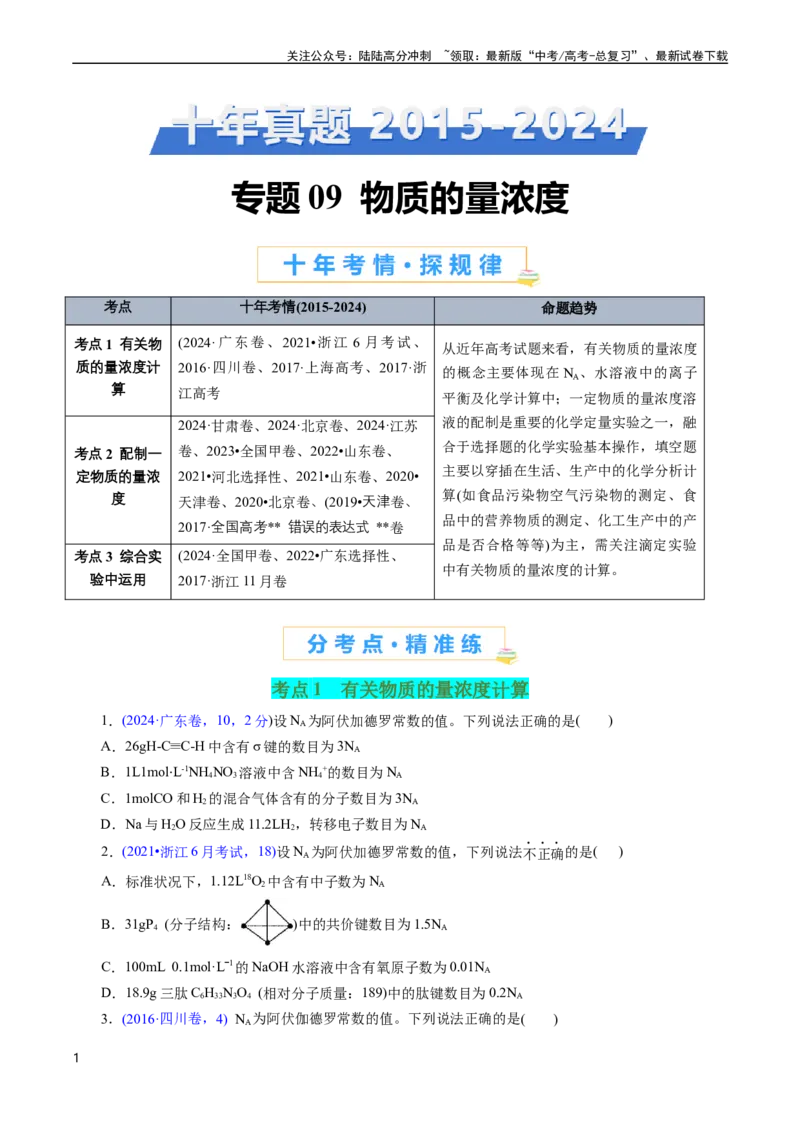 《专题09物质的量浓度(原卷版)_05-化学-高考总复习_专项复习_2025年_十年（2015-2024）高考化学真题分类汇编（全国通用）》第1页预览