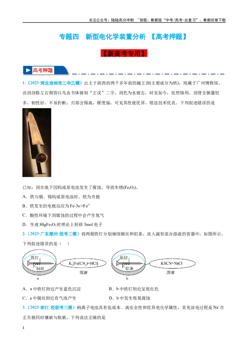 《专题四新型电化学装置分析高考押题-2024年高考化学二轮复习举一反三系列（新高考专用）（学生版）_05-化学-高考总复习_二轮复习_2024年_资料》第1页预览