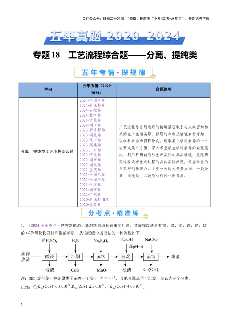 《专题18化学工艺流程综合题——分离、提纯类（全国通用）（原卷版）_05-化学-高考总复习_专项复习_2024年_2024年高考化学真题分类汇编（全国通用）》第1页预览