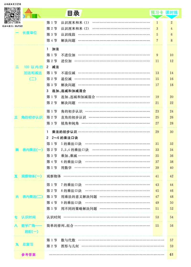 《二（上）数学人教版《全册预习卡》RJ_小学1-6年级全科全套_1-6年级全科上册_二年级_数学_A二年级数学（人教版）_人教数学二上课前预习》第1页预览