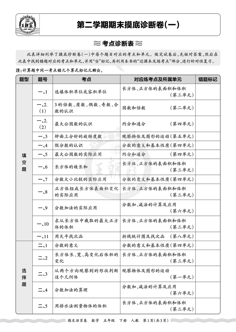 《2026年（下册）5年级数学人教版期末考点诊断表（一）_小初高学习资料合集（每天更新）_2026春数学《王朝霞期末摸底诊断卷》1-6年级下册人教版》第1页预览