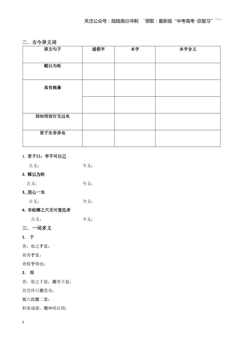 《专题01劝学+师说（文言文挖空训练）（全国通用）（学生版）_一轮复习_2026年-语文一轮复习_2026年高考语文一轮复习文言文挖空训练（全国通用）-G422_资料》第2页预览