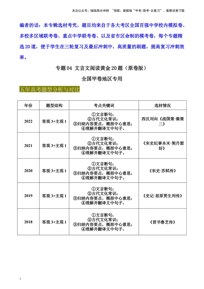 《专题04文言文阅读精选20题（全国甲卷区专用）-（学生版）_专项复习_2024年_2023年高考语文重点题型终极预测_资料_全国甲卷区专用》第1页预览
