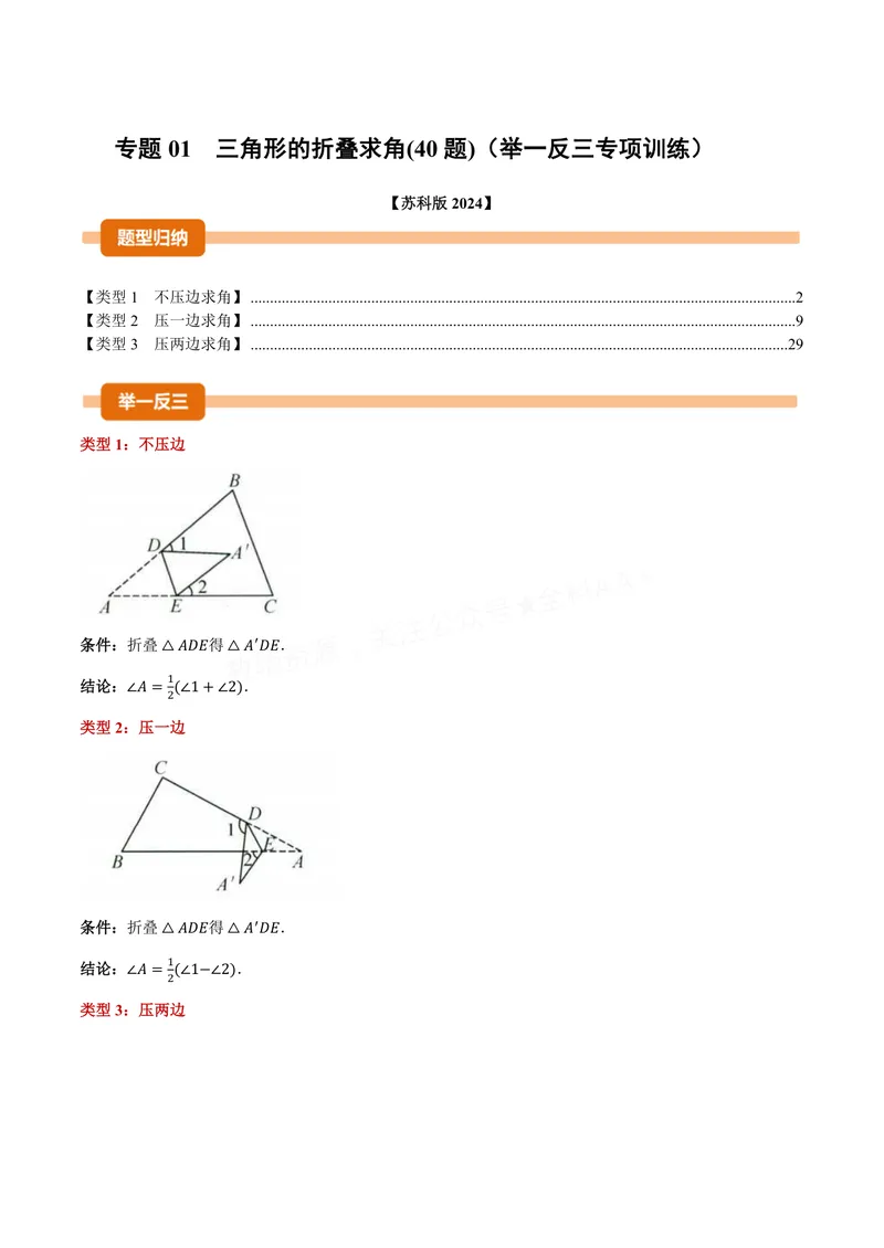 《专题01三角形的折叠求角(40题)(专项训练)(解析版)_2026语数英7-9年级上《举一反三系列》多版本_2026《初中数学•举一反三系列》8上多版本_2026《初中数学•举一反三系列》8上(苏科)》第1页预览