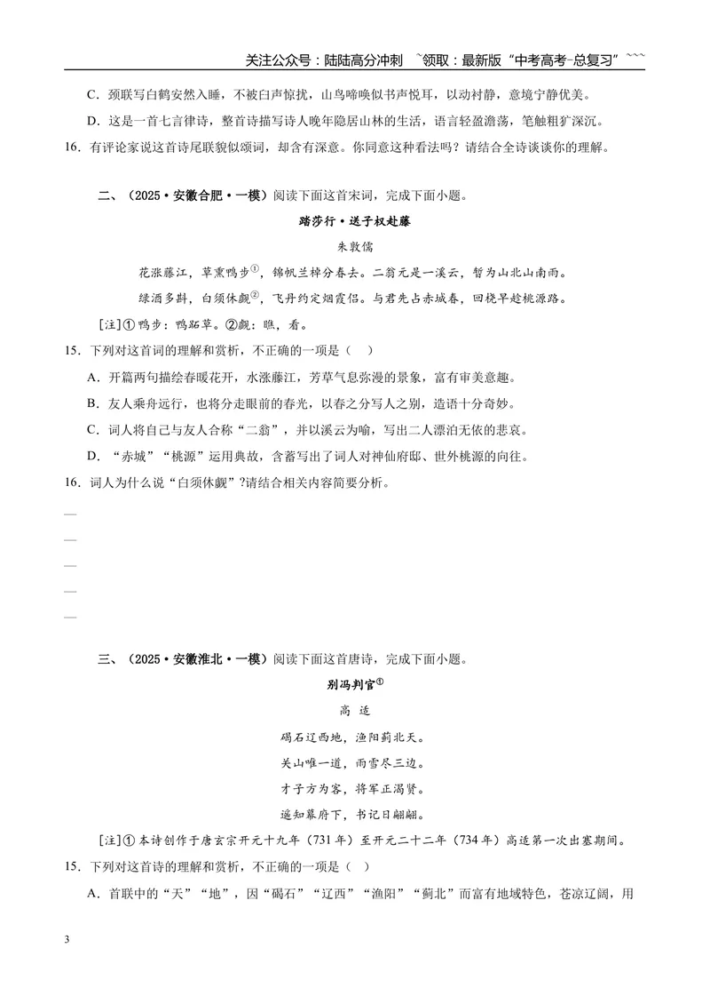 《专题04古代诗歌阅读（学生版）_专项复习_2026年-语文专项复习_2025年高考语文一模试题分类汇编（安徽专用）》第3页预览