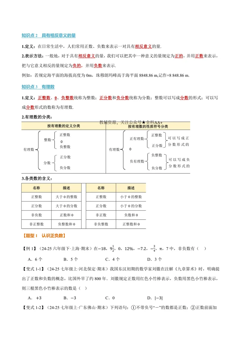 《专题1.1正数与负数、有理数的概念(讲义)(原卷版)_2026语数英7-9年级上《举一反三系列》多版本_2026《初中数学•举一反三系列》7上多版本_2026《初中数学•举一反三系列》7上(人教)》第2页预览