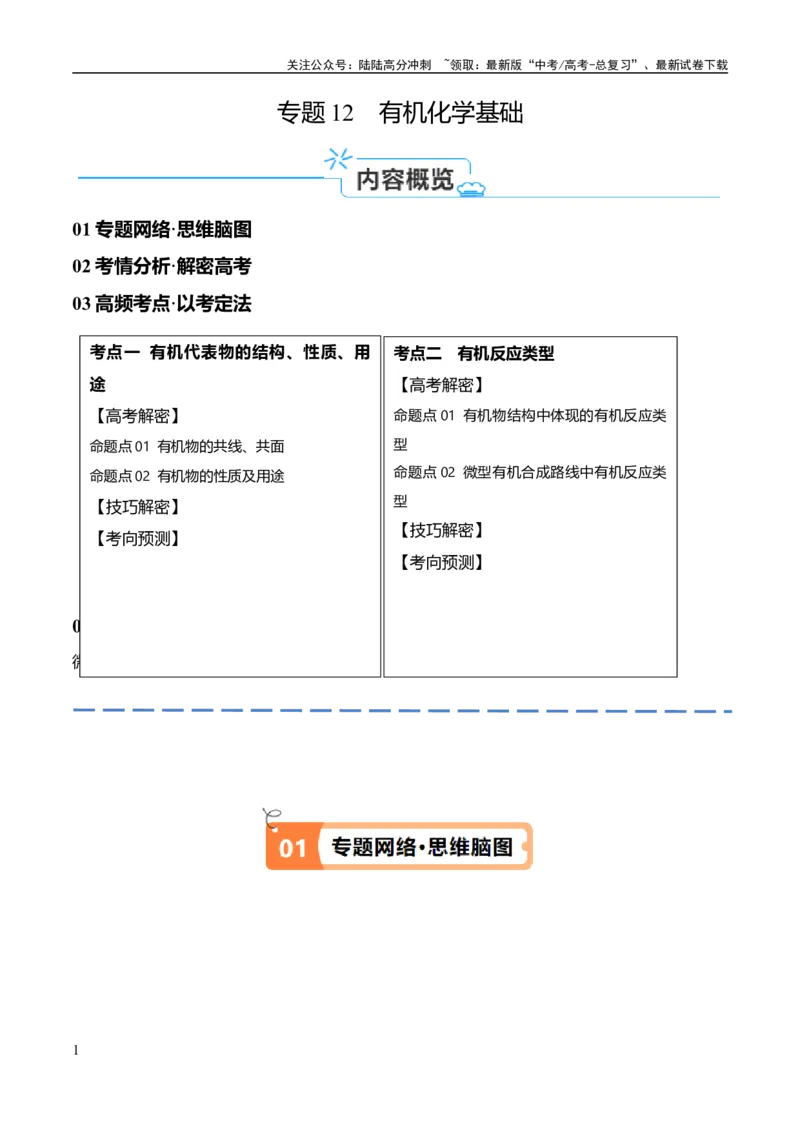 《专题12有机化学基础（讲义）（原卷版）_05-化学-高考总复习_二轮复习_2024年_2024年高考化学二轮复习高频考点追踪与预测（新高考专用）_讲义》第1页预览