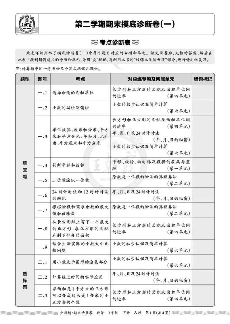 《2026年（下册）3年级数学人教版期末考点诊断表（一）_小初高学习资料合集（每天更新）_2026春数学《王朝霞期末摸底诊断卷》1-6年级下册人教版》第1页预览