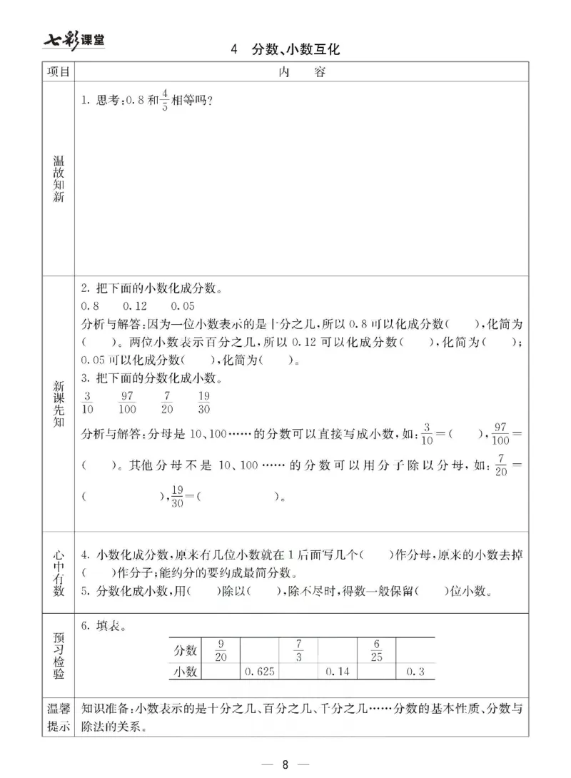 《冀教版五年级下册数学预习卡_小学1-6年级全科全套_1-6年级全科下册_五年级_其他补充资料_语数英预习资料》第8页预览