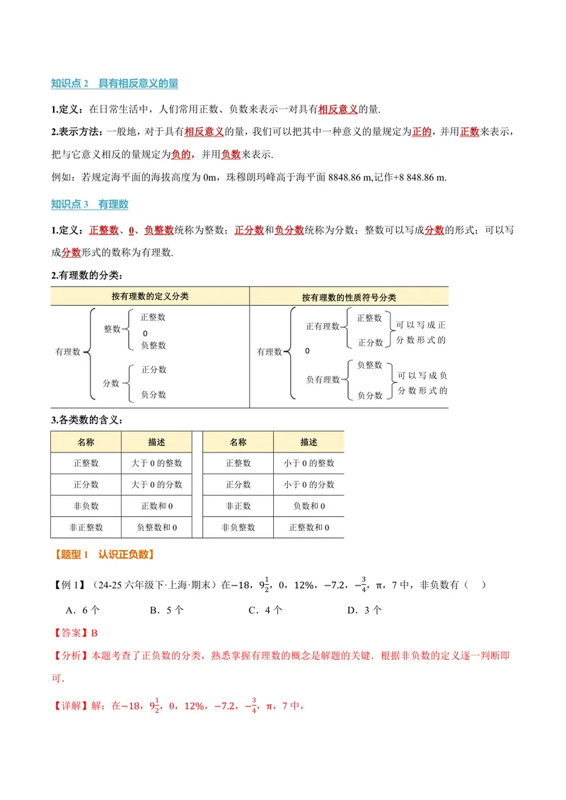 《专题1.1有理数的引入(讲义)(解析版)_2026语数英7-9年级上《举一反三系列》多版本_2026《初中数学•举一反三系列》7上多版本_2026《初中数学•举一反三系列》7上(华东师大)》第2页预览