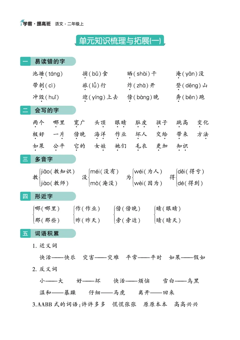 《二年级语文上册知识梳理_小学1-6年级全科全套_1-6年级全科上册_二年级_语文_语文二上单元考点总结》第1页预览