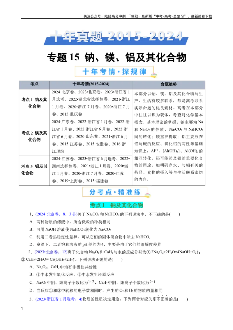 《专题15钠、镁、铝及其化合物(原卷版)_05-化学-高考总复习_专项复习_2025年_十年（2015-2024）高考化学真题分类汇编（全国通用）》第1页预览