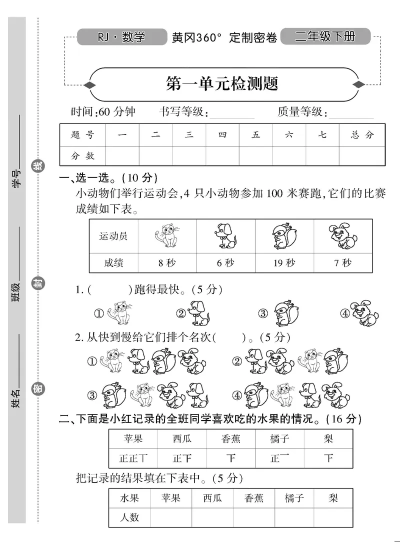 《二（下）人教版数学黄冈密卷（单元专项期中期末）_小学1-6年级全科全套_1-6年级全科下册_二年级_二年级下数学_数学二下人教版》第1页预览
